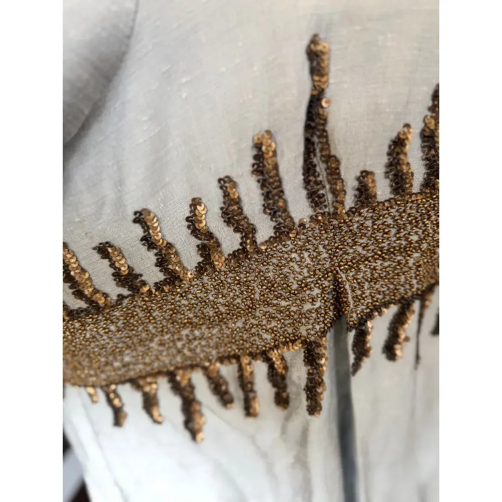Silver Grey Bronze Beaded Sequin Abstract Boho Lagenlook Flutter Sleeve Jacket